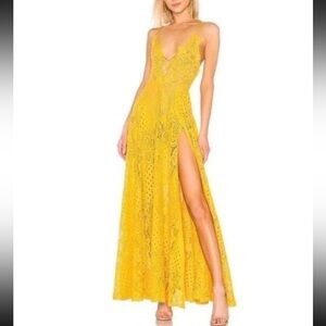 Michael Costello x Revolve Long Sexy Maxi Dress Sz Medium Yellow Lace